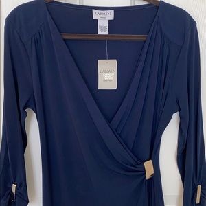 NWT Carmen Marc Valvo Blue Faux Wrap Dress Size M